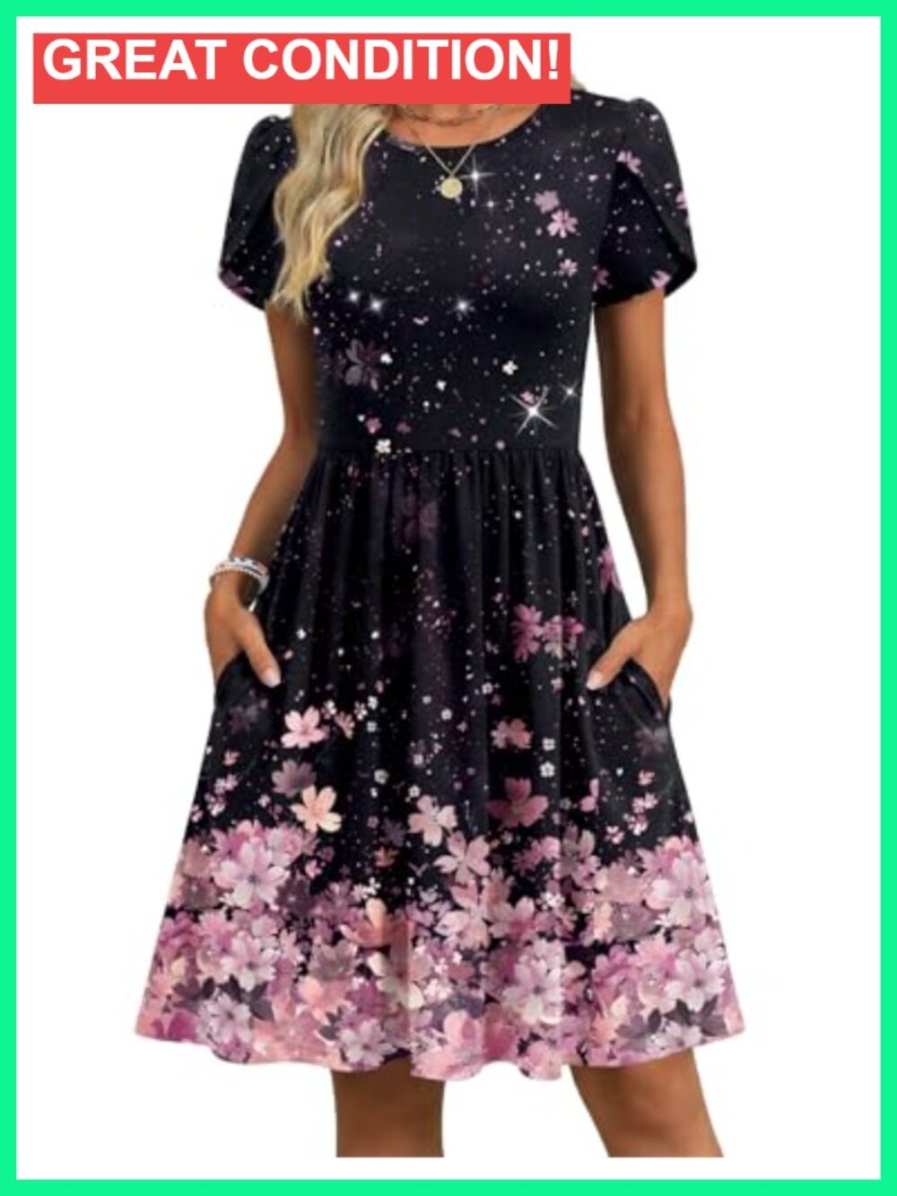 Short Sleeve A-Line Mini Swing Dress with Pockets Casual Summer Beach Sundress